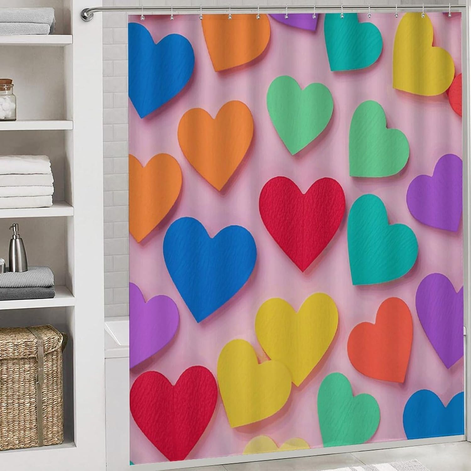 Colored Love Hearts Shower Curtain Set 4 Piece, Non-Slip Bath Mat with Toilet Lid Cover and Waterproof Shower Curtain with 12 Hooks, Complete Bathroom Set for Home Decor