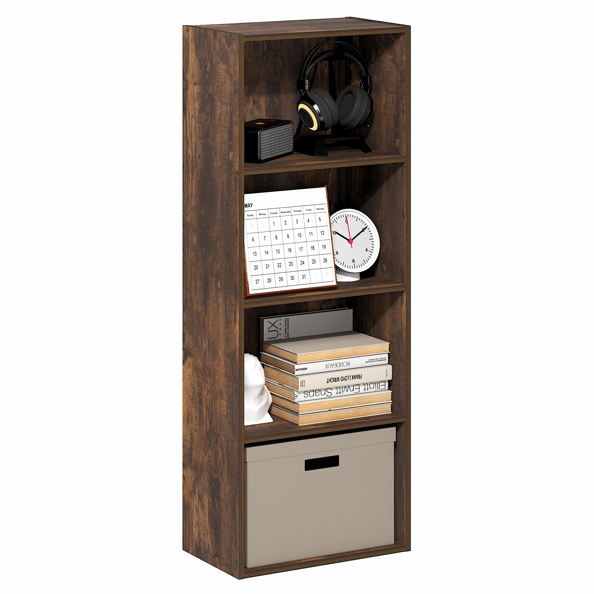 Furinno LUDER Book Shelf, 4-Tier Bookshelf, Bookcase with Open Shelf, 9.3 x 15.6 x 41.7, for Corner, Living Room, Bedroom, Home Office, Amber Pine