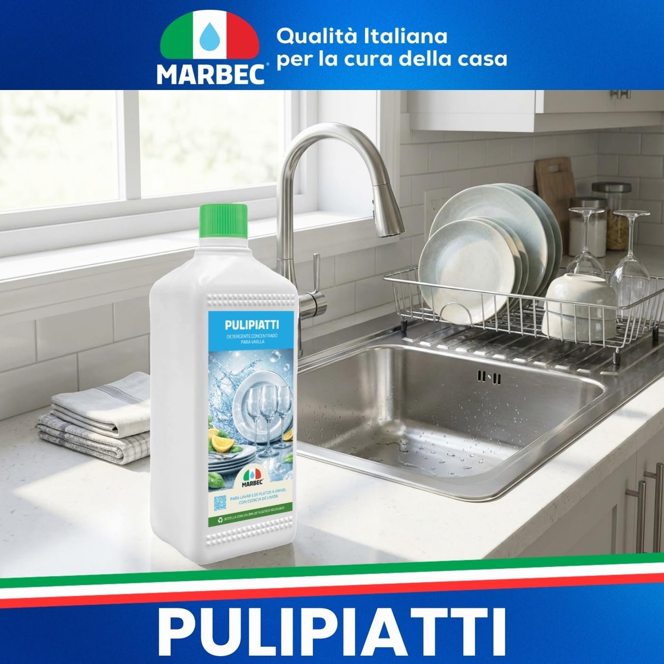 MARBEC PULIPIATTI 5LTx4UDS Detergente para platos concentrado, desengrasante eficaz en agua fría, enjuague rápido, fragancia de limón.