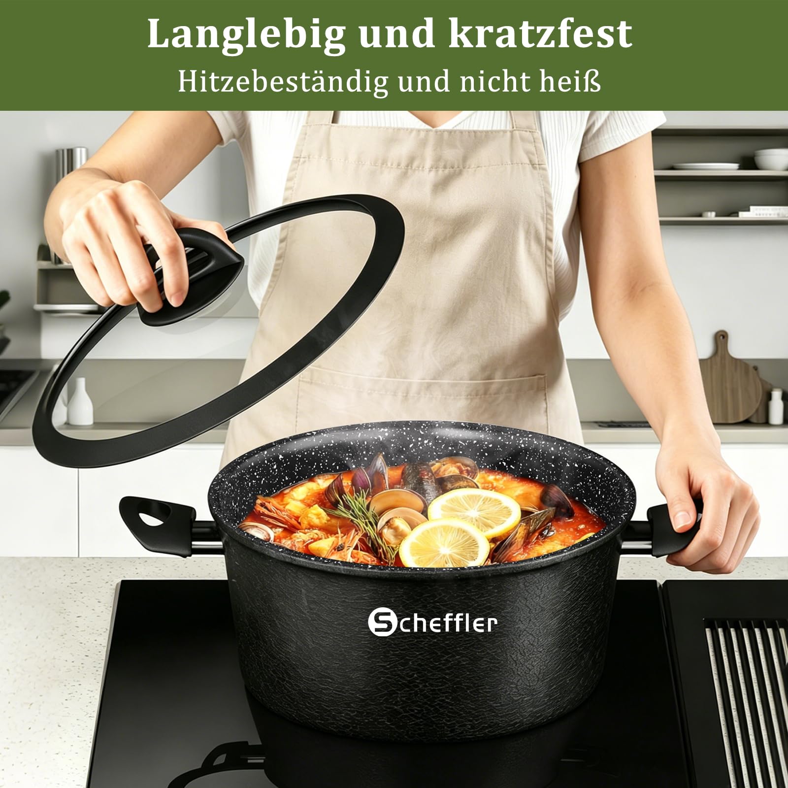 Scheffler Topfset Induktion 6-tlg Kochtopf Set beschichtet(HL-21PS62) | Ø20/24/28cm Kochtopf Induktion mit Glasdeckel,Aluminium ,Spülmaschinenfest,Antihaftbeschichtung,Für alle Herdarten geeignet