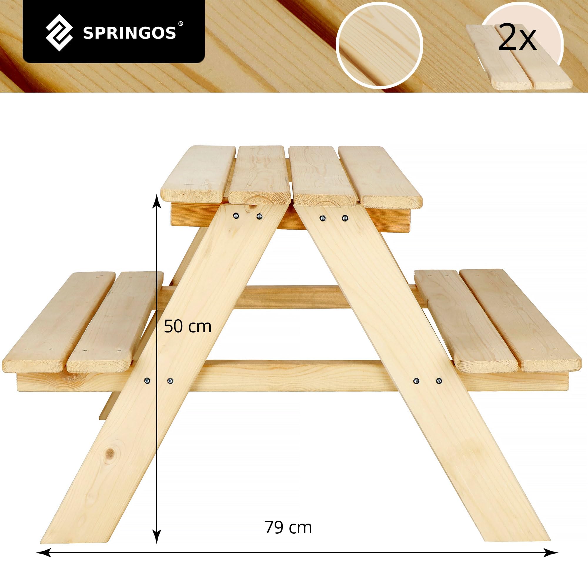 SPRINGOS Mesa de jardín 2 en 1 para niños, mesa de picnic 90 x 79 x 50 cm de madera maciza
