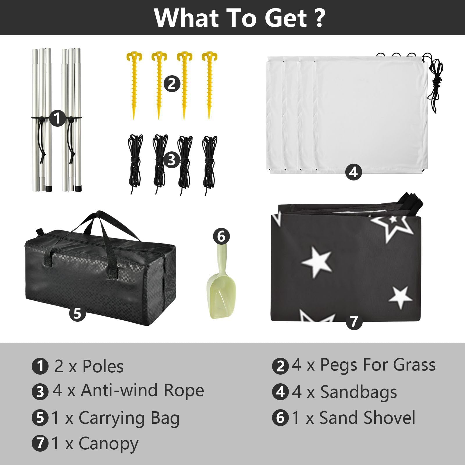 Black Star - Tienda de campaña de playa plateada UPF50 resistente al agua con sacos de arena, pala de arena, postes para camping, pesca, diversión en el patio trasero