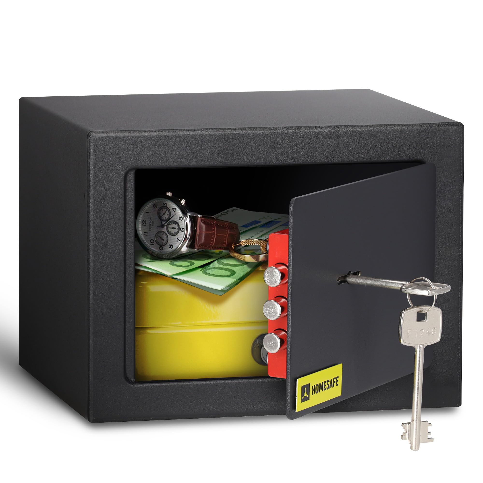 HomeSafe HV15K Cassaforte Piccola con Chiave, 15x20x17cm (HxLxP), Cassaforte da Armadio per Sicurezza Domestica, Cassetta di Sicurezza per Soldi, Gioielli, Oggetti di Valore
