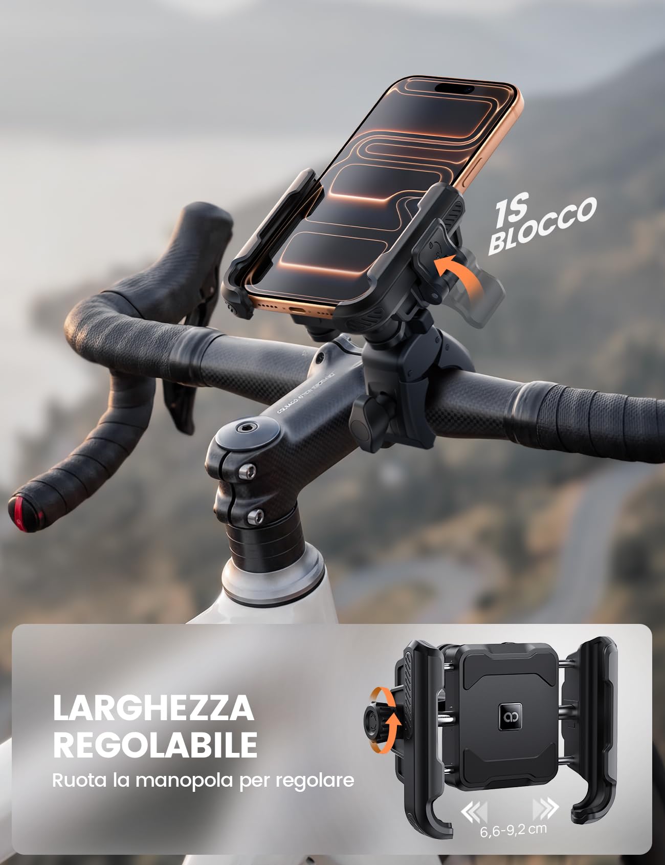 Lamicall Supporto Telefono Moto, Porta Telefono Bicicletta – [Non Copre Fotocamera] [Doppio Ammortizzatore] 1S Sblocco, 360° Rotazione, Porta Cellulare Manubrio per iPhone e Altri Smartphone da 6-7,2"