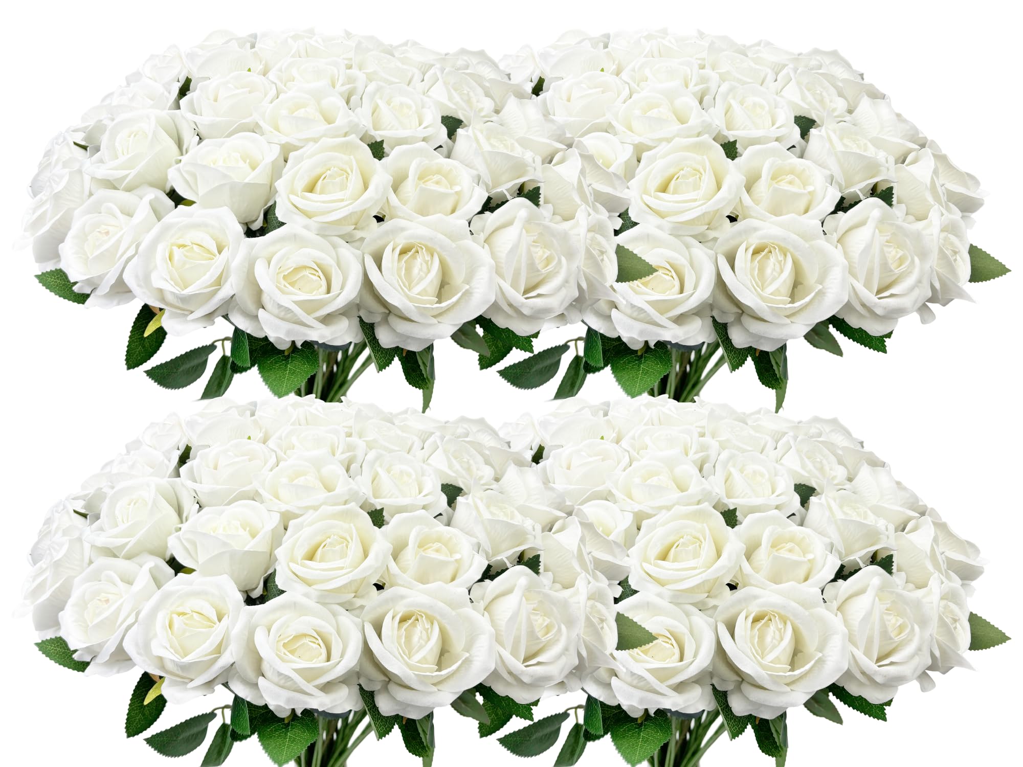 Wondrus Bulk Artificial Flowers 100 PCS, Fake Velvet Silk White Roses with Long Stems Realistic Bouquet for Wedding Centerpieces, Faux Arrangement for Home Table Decor