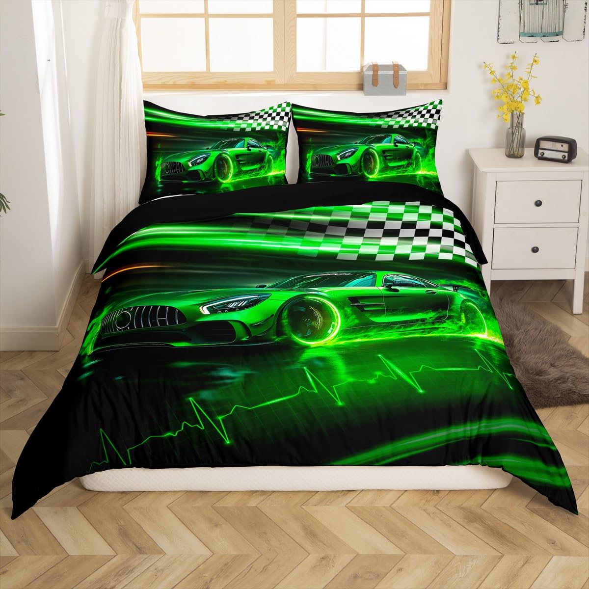Homemissing Green Racing Car Duvet Cover Set Cot Size For Kids Boys Teens Black White Flag Honeycomb Bedding Set Fast and Furious Extreme Sports Duvet Cover with 1 Pillowcase — image 1
