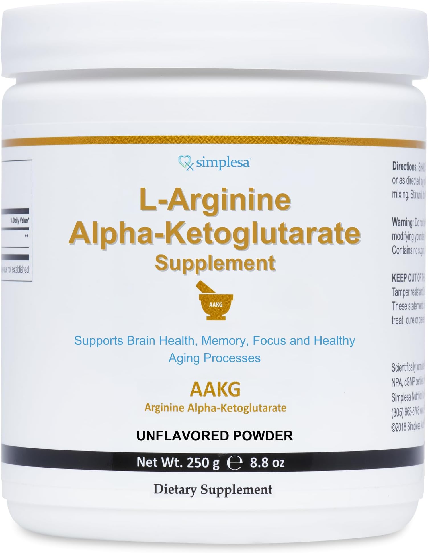 Simplesa AAKG Arginine Powder, L-Arginine Alpha-Ketoglutarate Supplement, 2000mg Per Serving, Supports Brain Health, Memory, Focus and Healthy Aging Processes, 250g Powder Supplement
