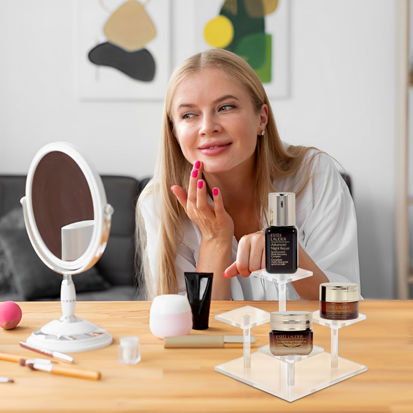 Przezroczysty akrylowy stojak ekspozycyjny, organizer akrylowy, organizer na perfumy, wielowarstwowy kwadratowy uchwyt z 4 przegródkami, przezroczysta półka na perfumy, kosmetyki i przedmioty