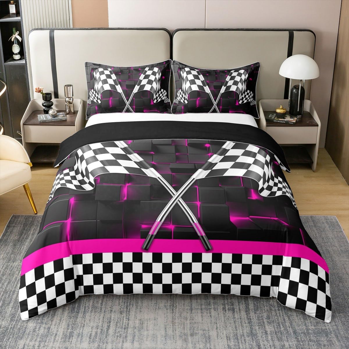 Erosebridal 100% Cotton Full Race Car Bed for Boys,Racing Car Flag Duvet Cover for Teens Adult,Pink Neon Lights Glowing Plaid Grid Quilt Cover,3D Checkered Black White Comforter Cover