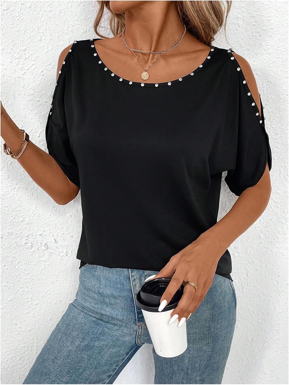 Verdusa Women's Cold Shoulder Beaded Blouse Top Elegant Summer Scoop Neck Dressy T Shirts Tops