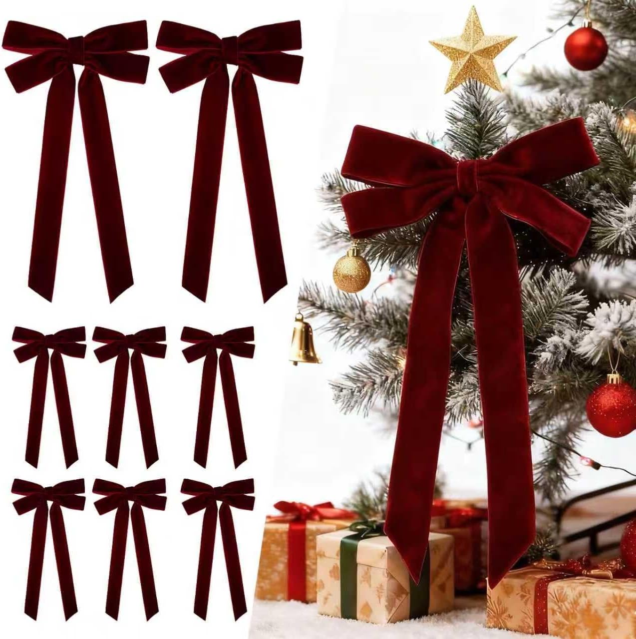 18Pcs Burgundy Velvet Ribbon Bows for Christmas Tree Decorations, 5in x 10in Bows Ornaments for Christmas Tree Wreath Mantle Stair Garland Wreath Gift Wrapping Candy Bags Party Decor (Width of 1")