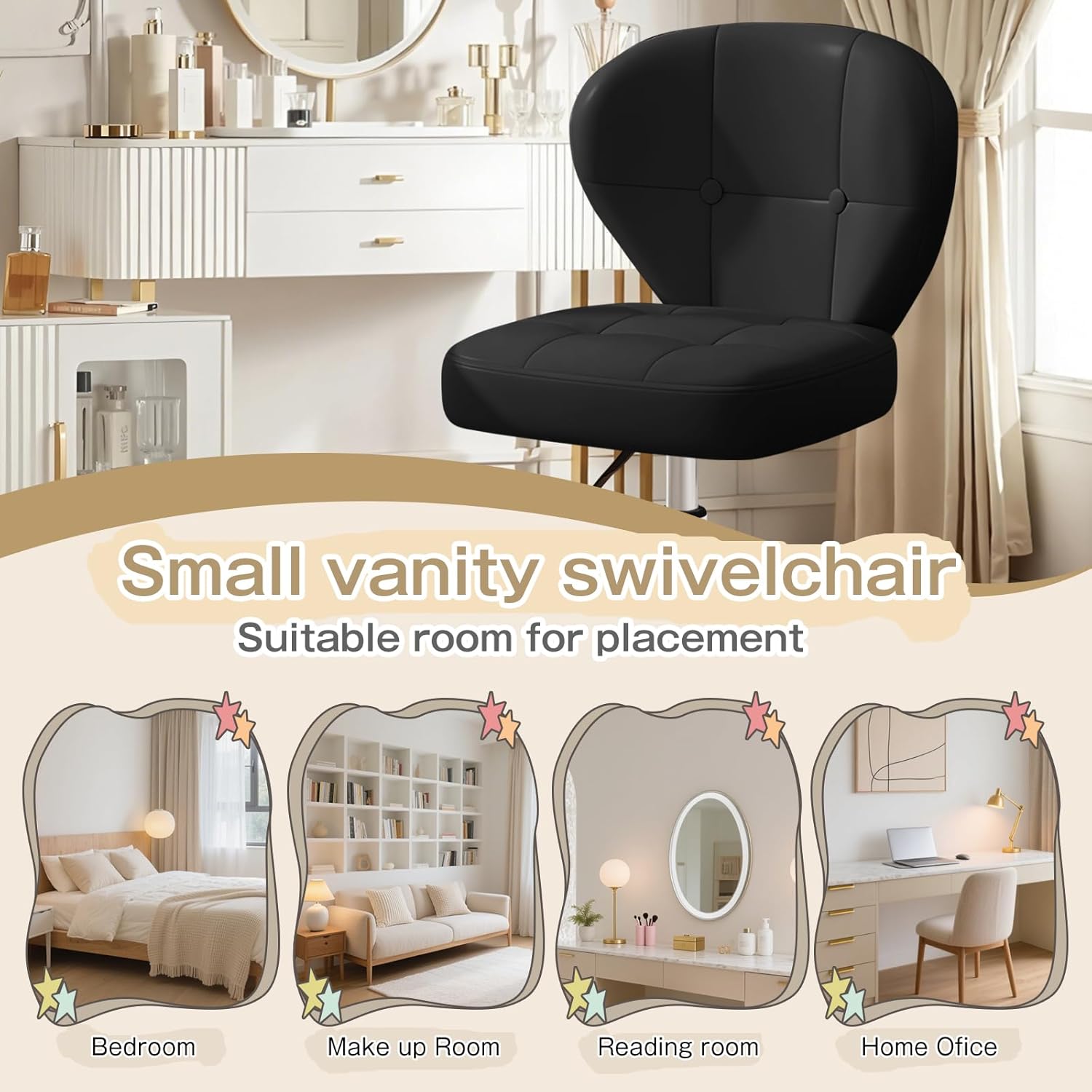 Vanity Chair with Back – Small Armless Office Chair with Wheels, Lumbar Support, PU Leather, Adjustable Height, 360° Swivel for Home, Bedroom, Office Black Set of 1