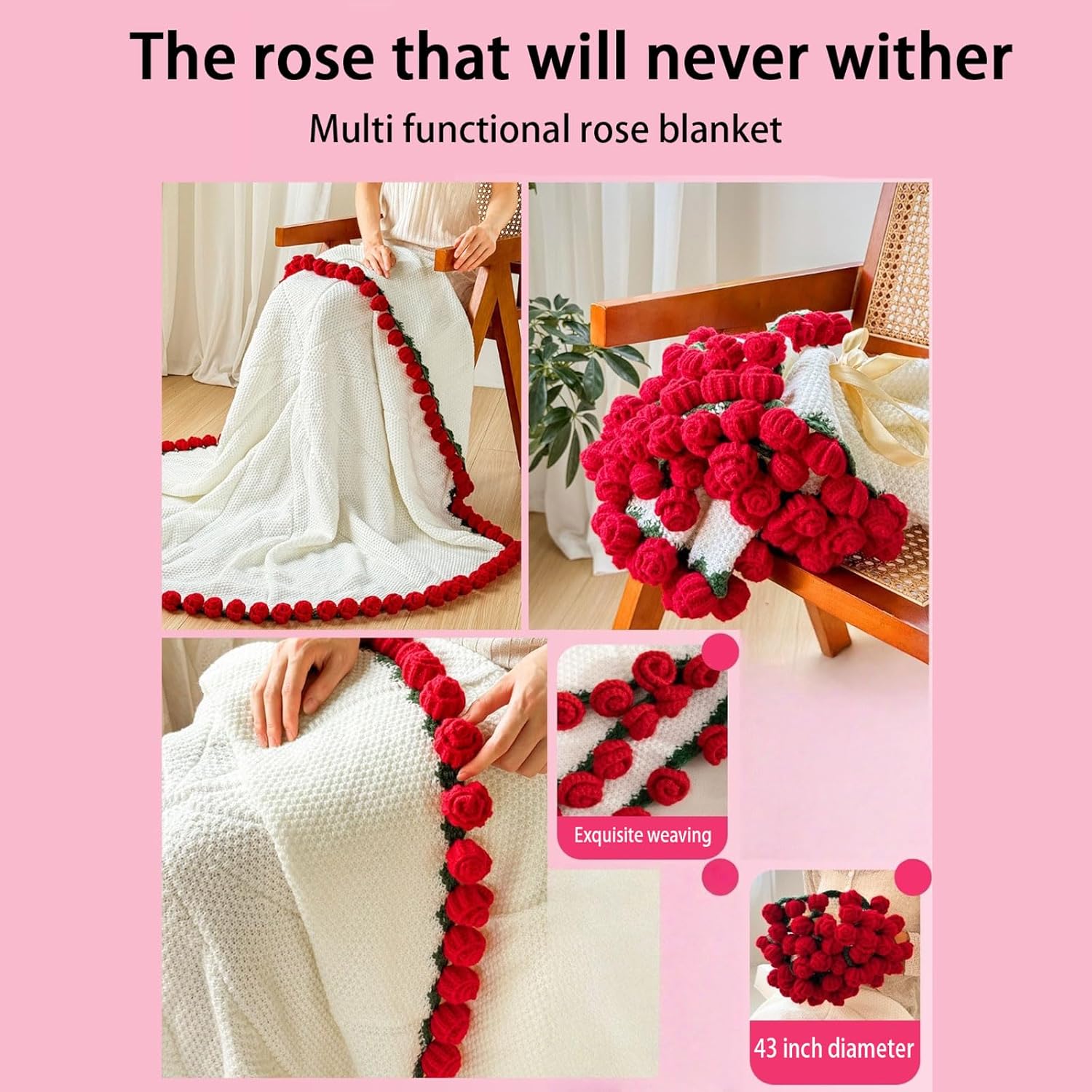 43 Inch Crochet Rose Flower Bouquet Blanket,Finished Knitted Throw Rose Blanket,for Valentine's Day Birthday Anniversary, Floral Gift Ideas for Women Mom Girlfriend Wife - Image 4