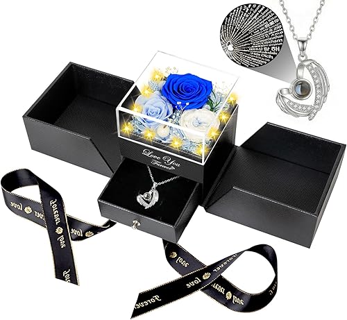Miniatura 21 de DRTINA Collar de tres rosas champán reales preservadas con alas de ángel "I Love You", flores eternas, regalos de cumpleaños para mujeres, esposa