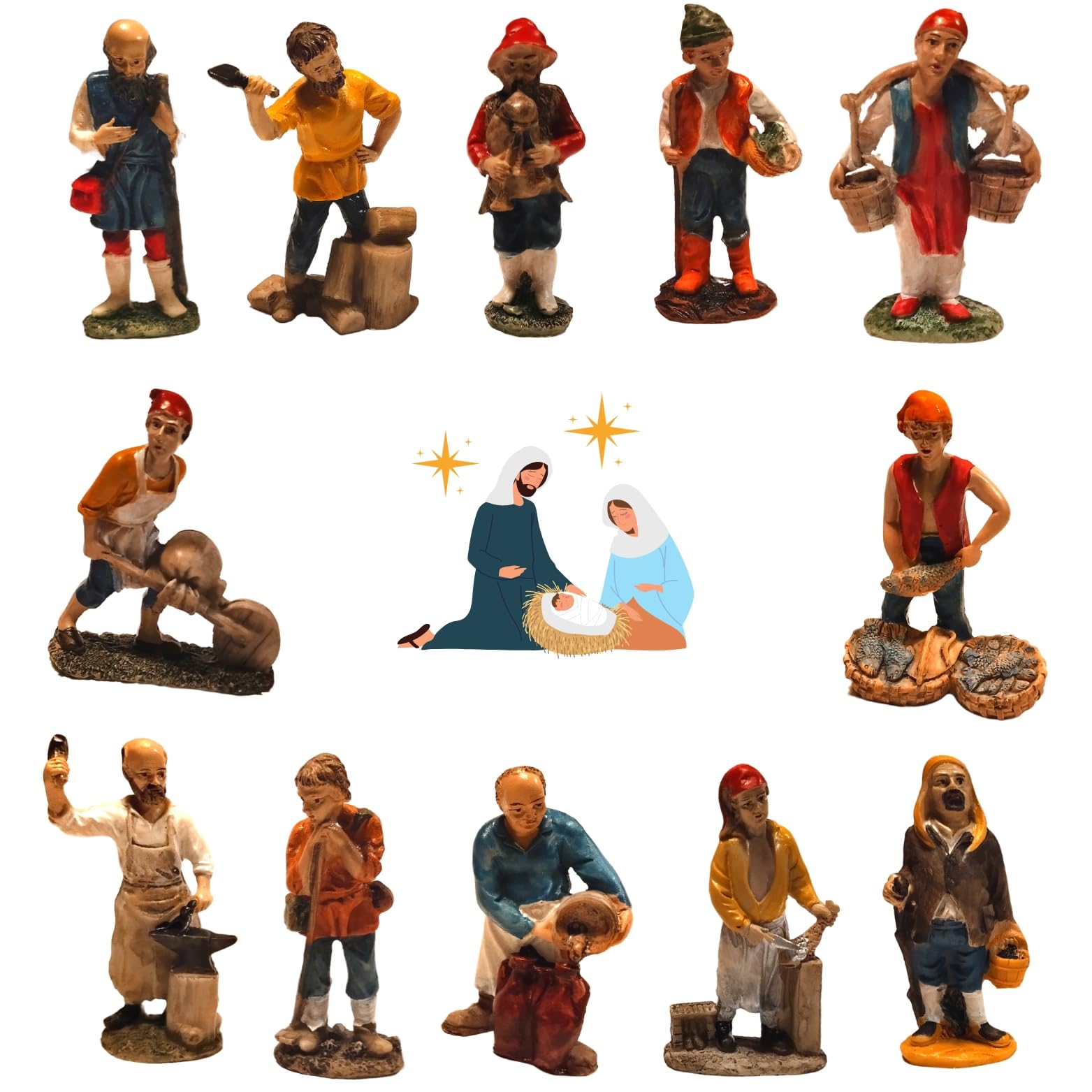 Lot 12 Santons 10 cm – Personnages Métiers pour Crèche – Figurine Crèche Noël – Nativité, Crèches et Santons, Décoration Traditionnelle