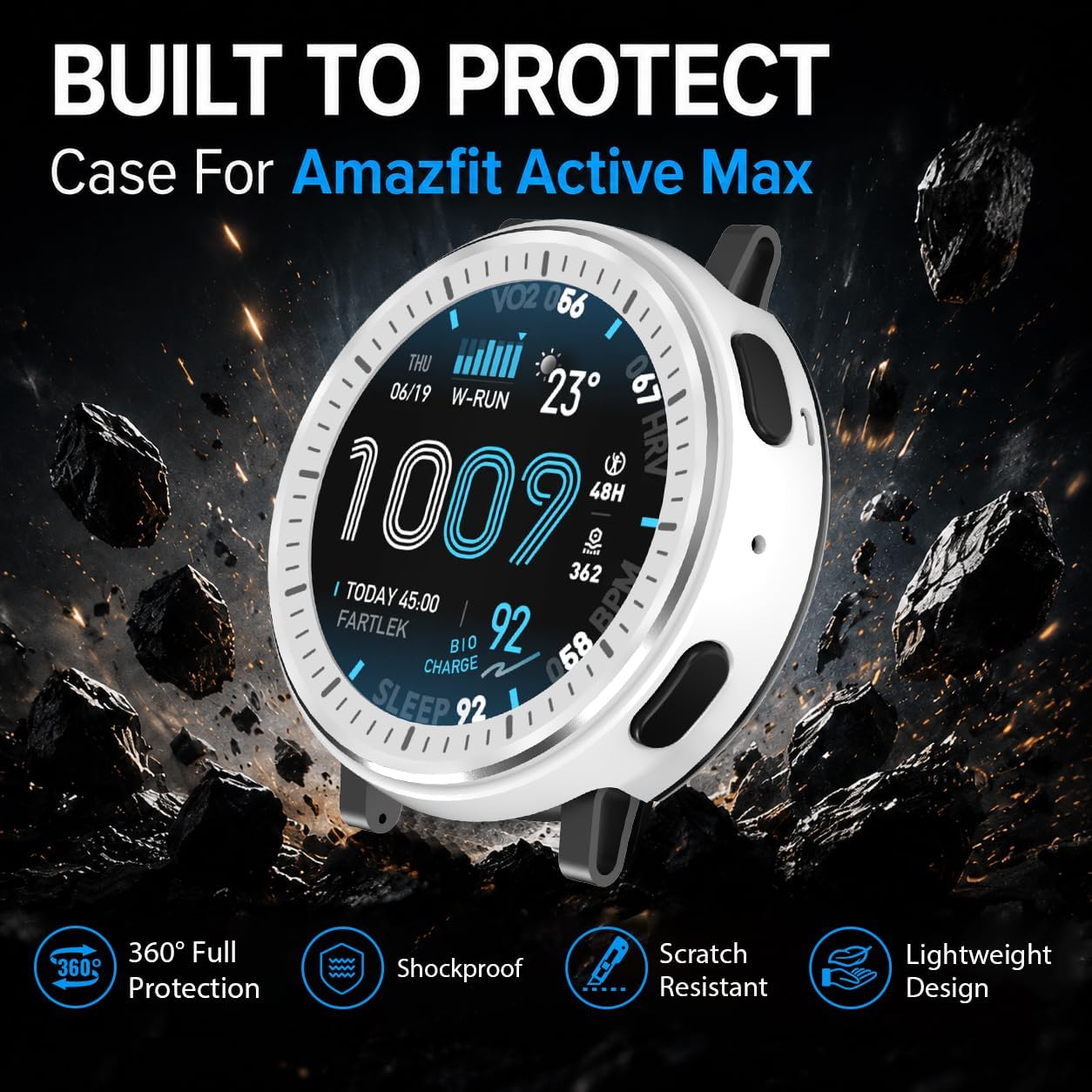 Metal Case for Amazfit Active Max 1.5" Smart Watch with Back Cover, 2 in 1 | Military-Grade | Rugged | Shockproof Hard PC Bumper Protective Cover Fashion Sports Design for Active Max (Silver)