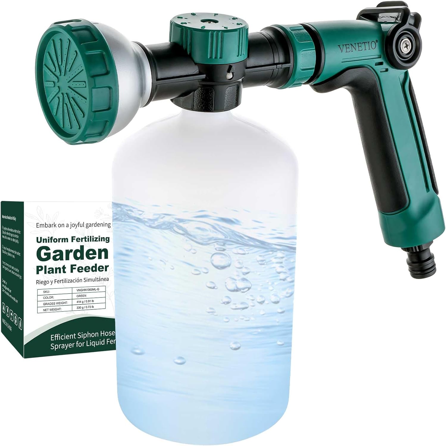 VENETIO 8-Dial Hose Attachment Spray Gun for Liquid Fertilizer/Chemicals | Precision Lawn & Garden Feeder for Uniform Fertilizing and Watering Plants | Hose-End Nozzle Sprayer with 34oz Bottle