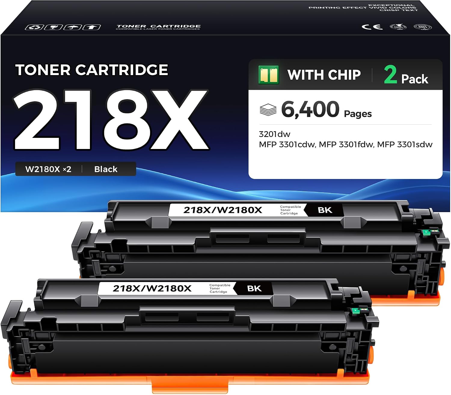 218X Black Toner Cartridges with Chip Set 2-Pack 3301fdw Replacement for HP 218A W2180A 218X W2180X Toner Compatible with HP Color LaserJet Pro MFP 3301cdw 3301sdw 3201dw Printers Ink All-in-One