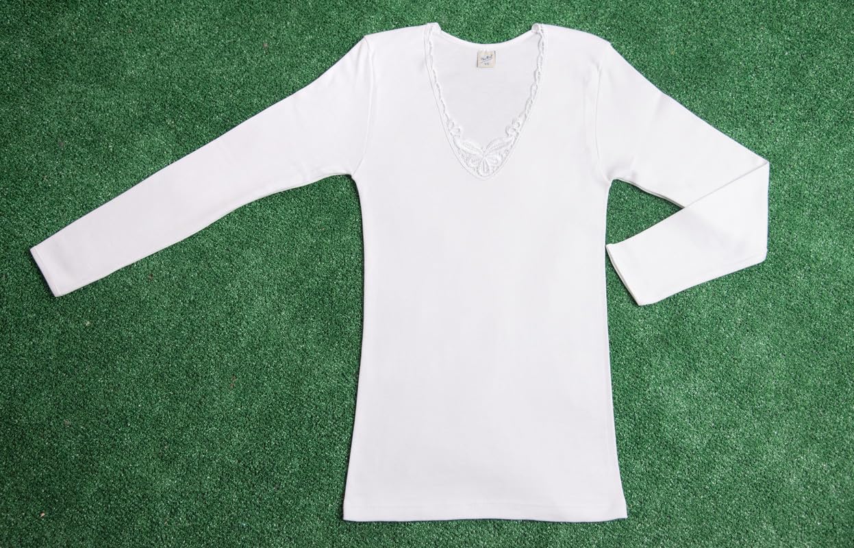 Made in Italy - Camicia 3 Underwear in Caldo Cotone con Maniche Lunghe per Donna con Pizzo macramè o Sateen Neckline, Lacy/Bianco, XXL