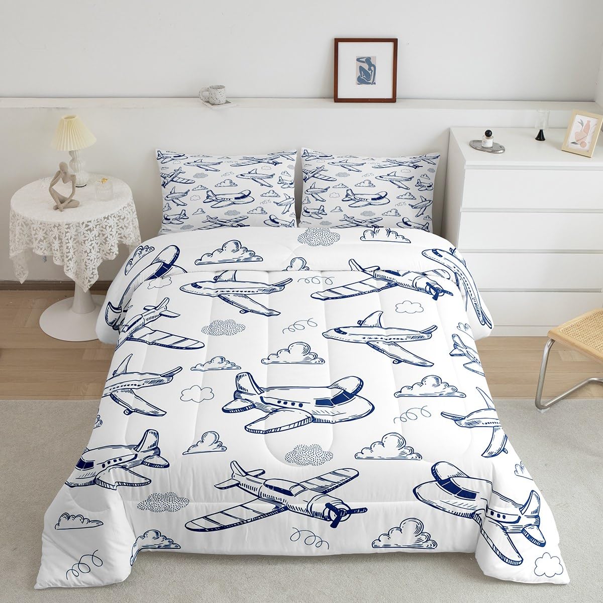 Juego de edredón de avión King para decorar la habitación de los niños con nubes azules