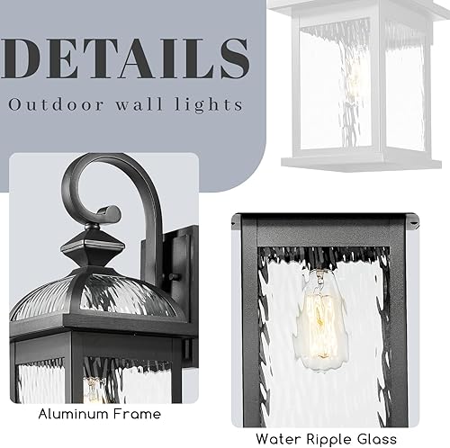Miniatura 3 de Luces de pared para exteriores, lámpara exterior negra, montaje de pared con vidrio ondulado de agua de 15 pulgadas de altura, lámparas de pared