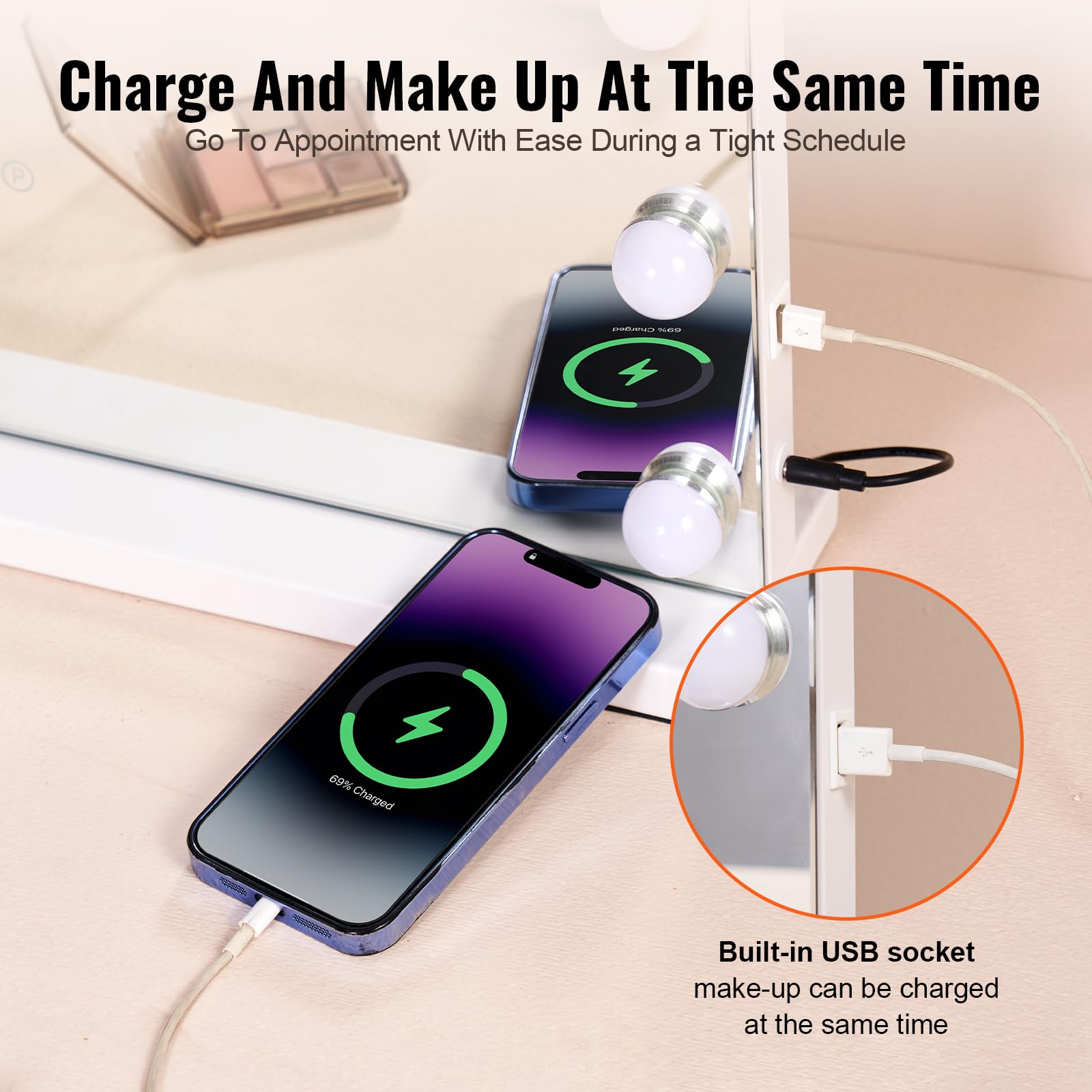 VEVOR Miroir de Maquillage Hollywood avec 15 Ampoules LED Intensité Variable, 3 Modes Éclairage de Couleur, Miroir Grossissant 5X Amovible, Port USB, Contrôle Tactile Intelligent, Support, 580x458 mm