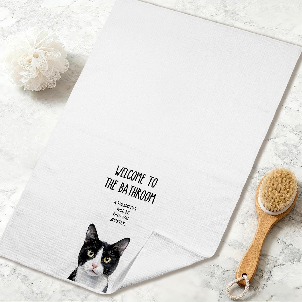 XUISWELL971 Tuxedo Cat Mom Lady Lovers Gifts for Women, Funny Welcome to The Bathroom A Tuxedo Cat Will Be with Hand Towels for Decor, 16x24 Inches - Image 7