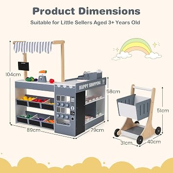 GYMAX Kids Grocery Store, Wooden Role Play Shop with Shopping Cart, Blackboards, Display Shelves and Play Foods, Children Supermarket Playset for 3 Years Old+