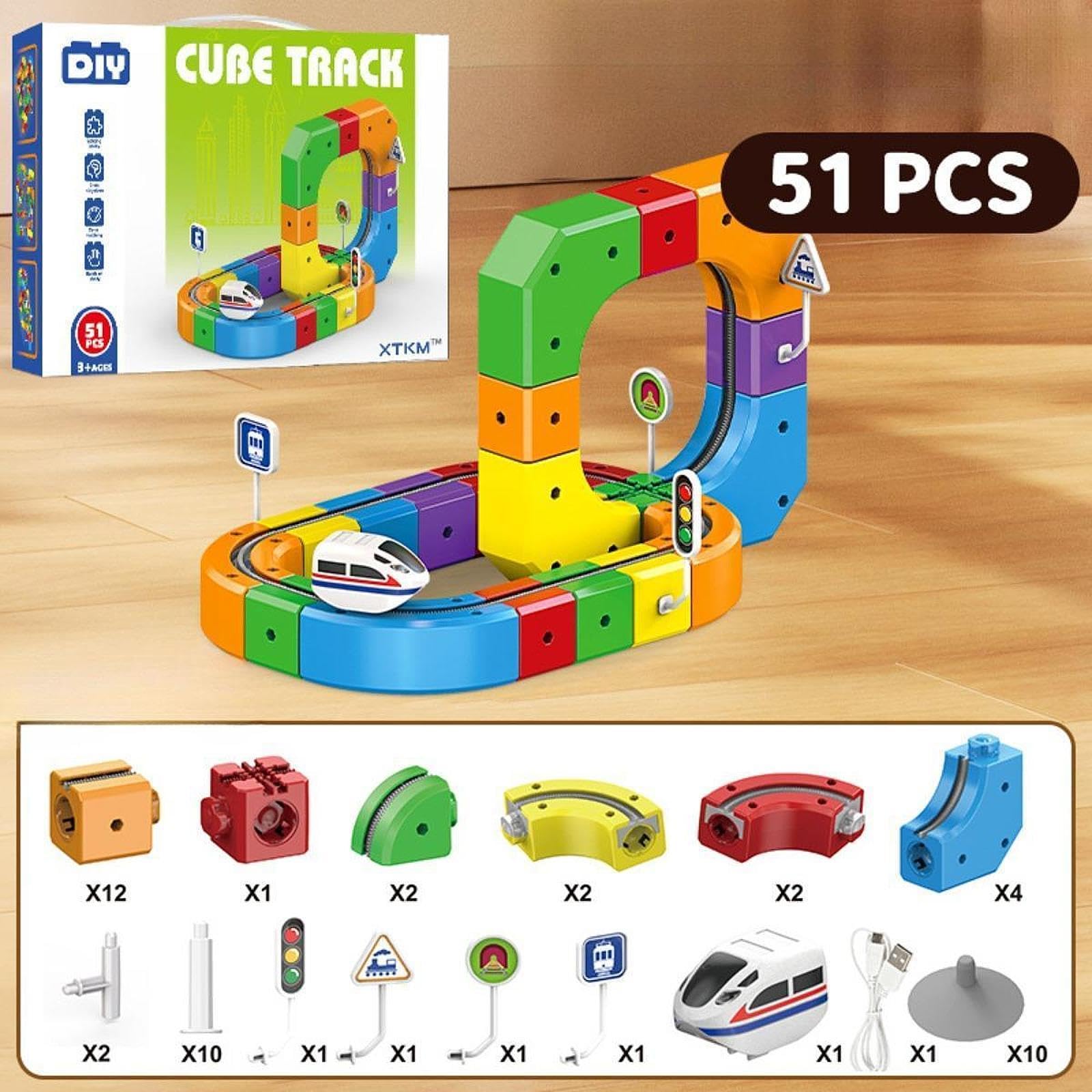 Set di Trenino Elettrico a Cubo 3D, Strutture Flessibili con Ponti, Motorizzata USB, Set di Blocchi Fai-da-Te per Lo Sviluppo, 51 Pezzi