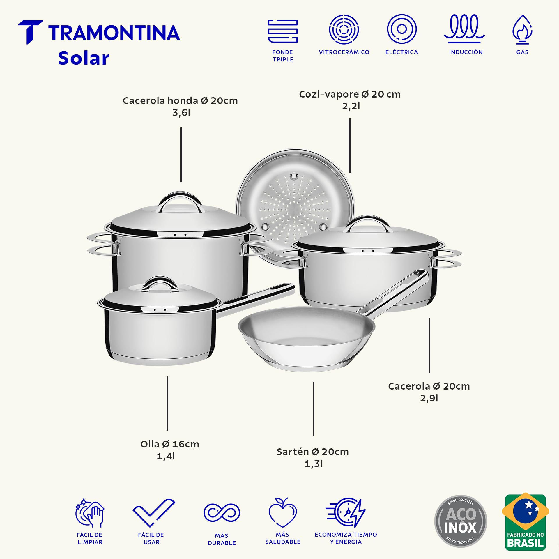 Tramontina Set di Pentole Solar in Acciaio Inox con Fondo Triplo 5 Pezzi | Si abbina ai coperchi delle pentole