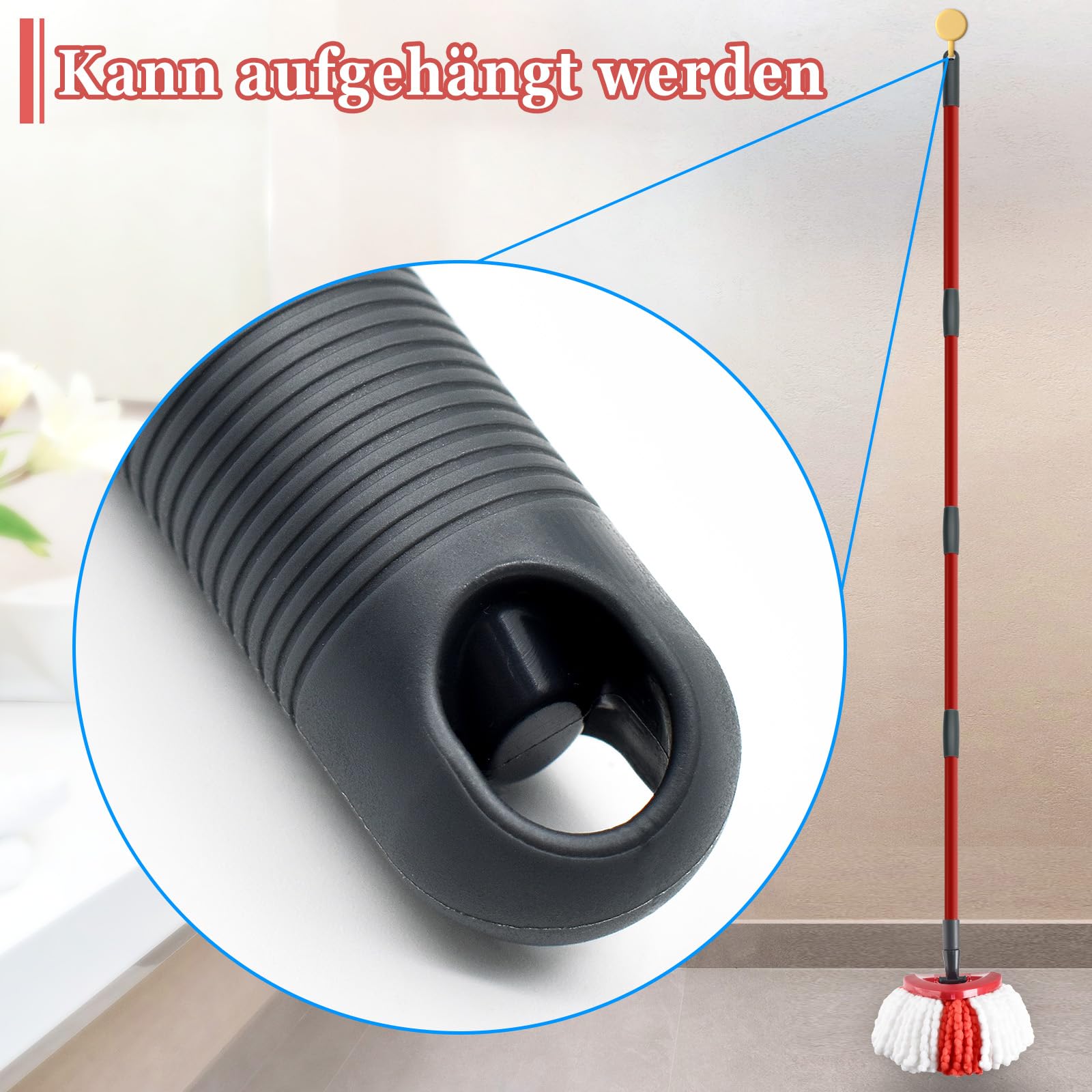 Wischmopp Spin-Mopp-Stiel Ersatz für Turbo Spin/Turbo Smart/EasyWring-Kopf, Verstellbarer Stiel, 4-teiliger Mopp-Ersatzgriff mit Deutschem Gewinde