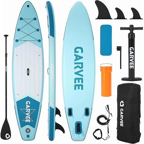 Inflatable Stand-Up Paddleboard - 11-Foot Paddle Board, 33-Inch Width Paddleboard, SUP Board, 10.6-Foot Paddle Board, PVC Blue Green White Wood Grain EVA
