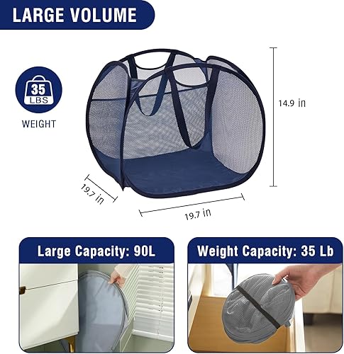 Miniatura 10 de TECHMILLY Cesta plegable de malla con asas fuertes, cesta de ropa de gran apertura con bolsillos laterales, cestas de almacenamiento para
