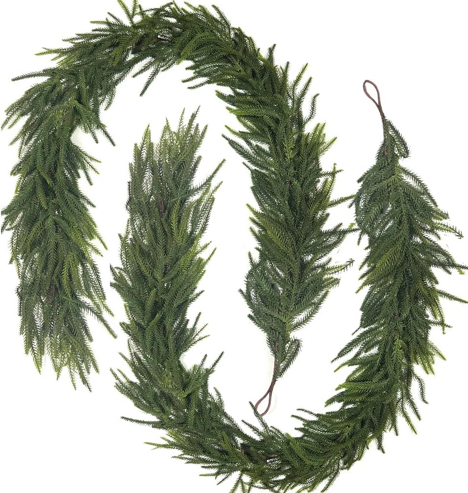 2 Pcs 6 Ft Artificial Norfolk Pine Garlands Real Touch Winter Greenery Garland Faux Green Garland for Table Centerpieces Mantle Wall Indoor Outdoor Christmas Decorations - Image 8