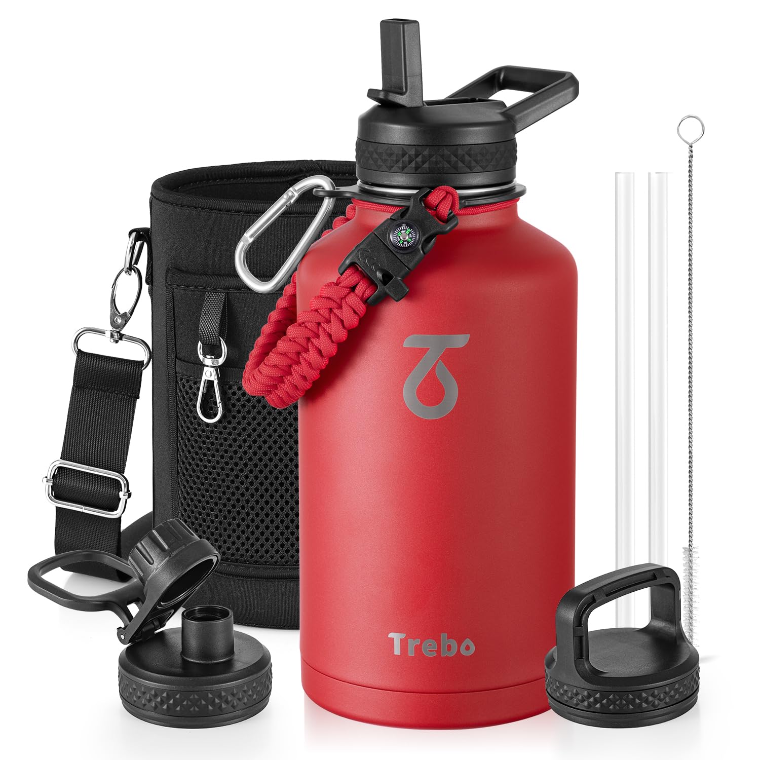 Trebo Borraccia Termica, Borraccia con Cannuccia Borraccia acciaio inox fredda per 48 ore Borraccia Termica Bottiglia in Metallo con Manico in Paracord, 1893 ml, Rosso