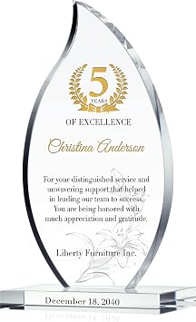CPersonalized Crystal Flame Shaped Employee Recognition Award Custom Engraved Corporate Service Trophy with Name & Date for 5, 10, 15, 20+ Year Milestones M - 7.5"