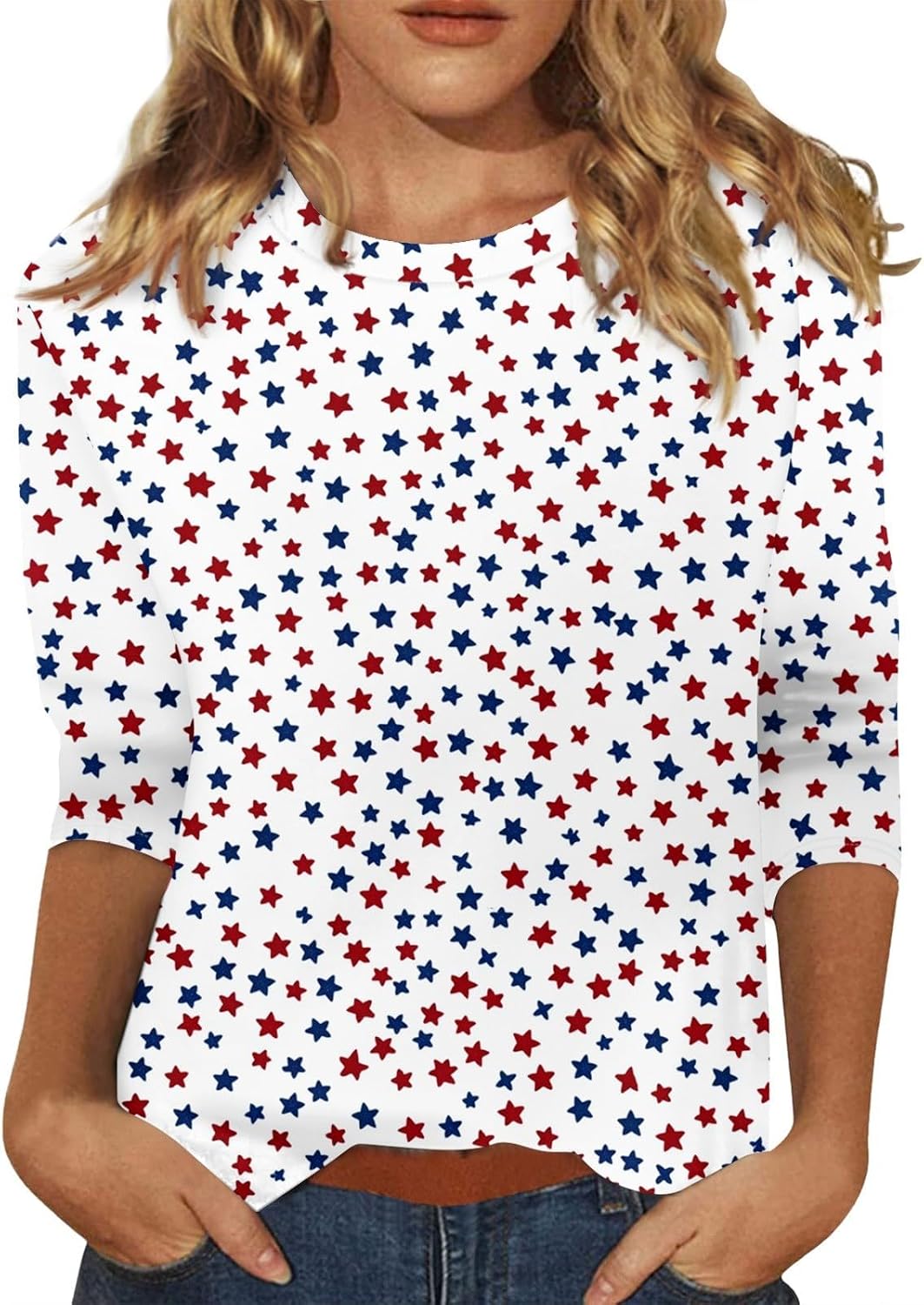 Women's American Flag Shirt, 4Th of July Shirts, 3/4 Sleeve Crewneck Patriotic Tops, S-3XL