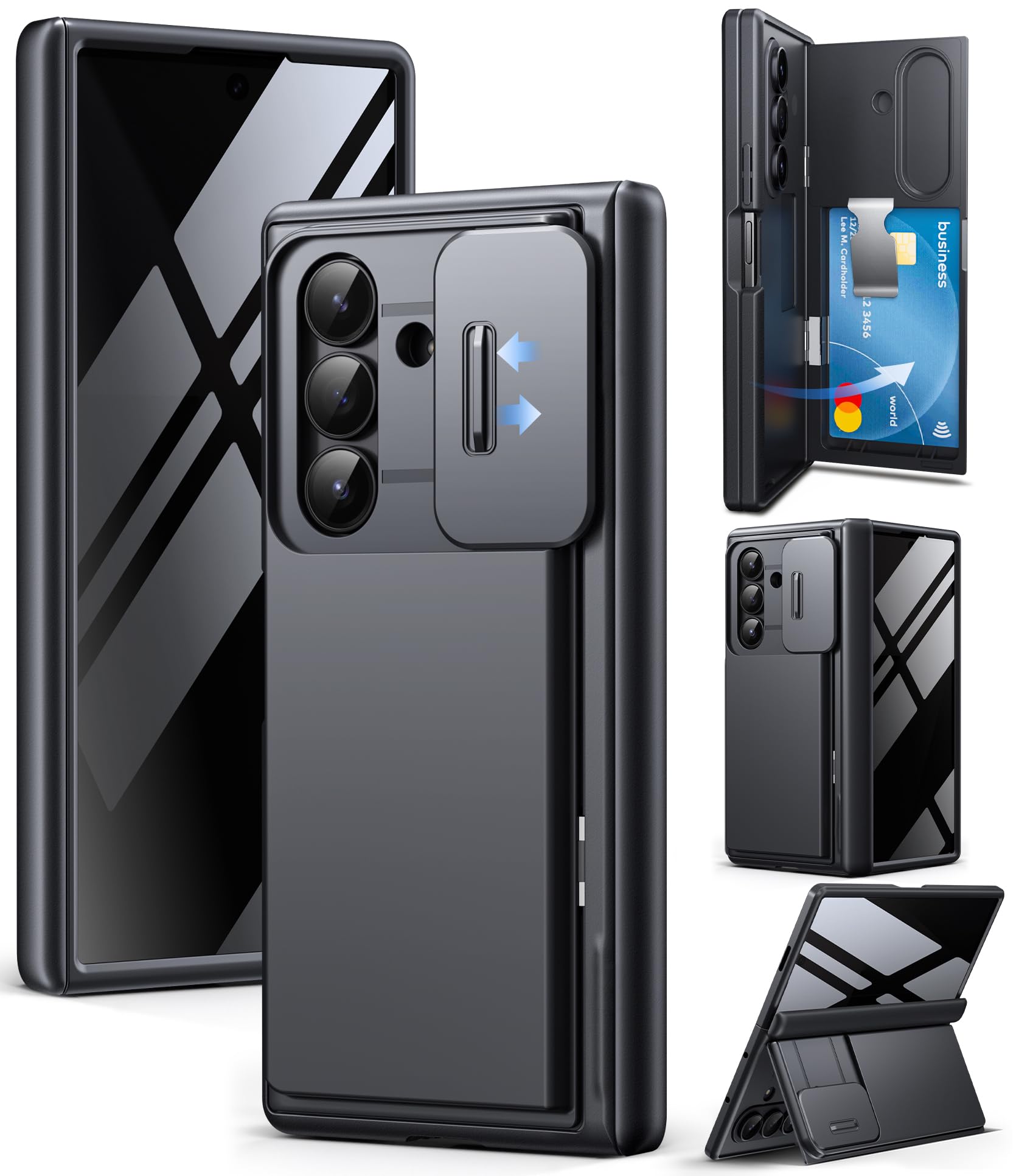 Tongate Wallet for Z Fold 7 Case with Privacy Screen Protector, [4-Card Holder][Anti Spy] Built-in Large Stand & Slide Camera Cover Z7 Shockproof Phone Case for Samsung Galaxy Z Fold 7 2025 8", Black