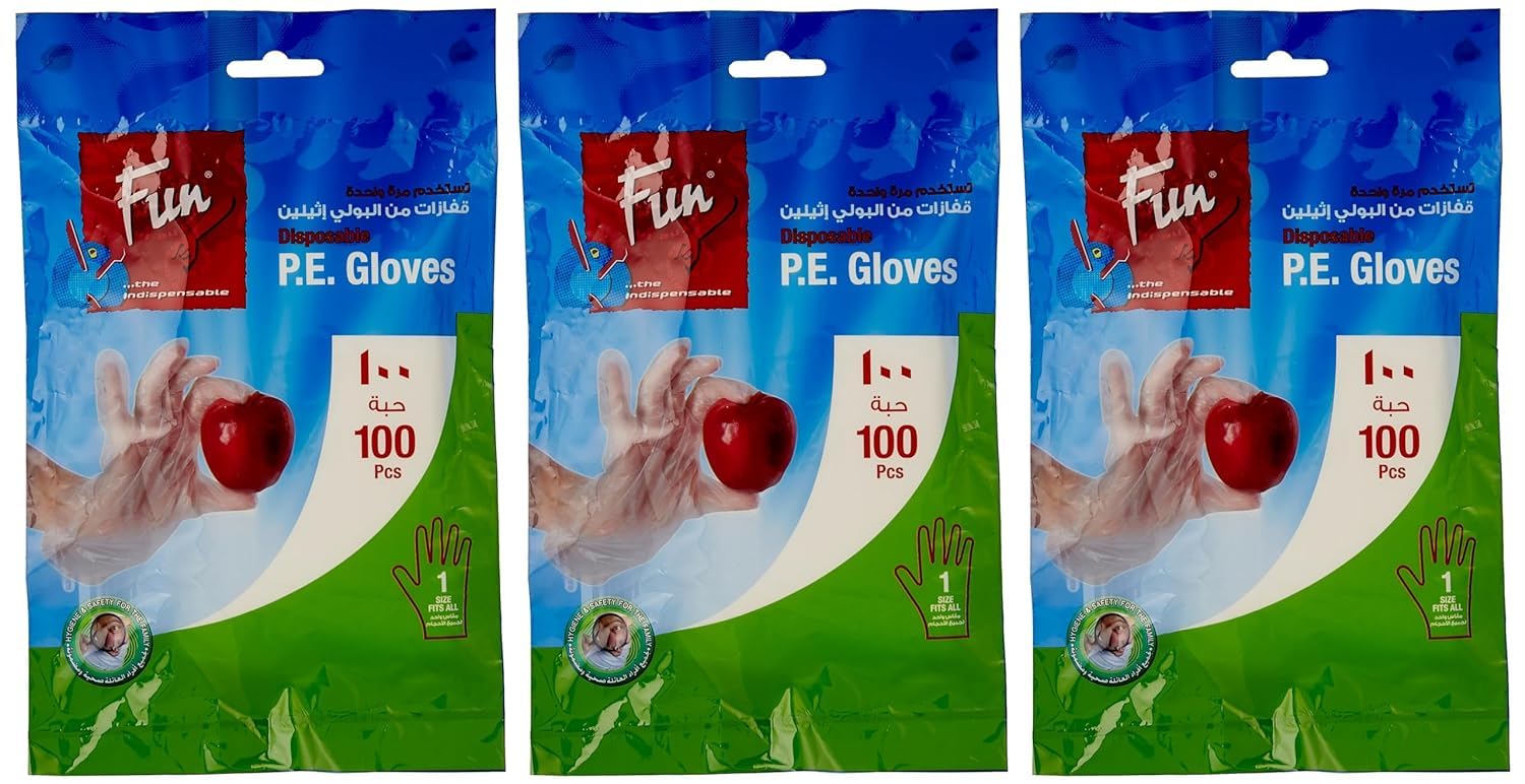 FUN BY AL BAYADER فن Promopack PE Plastic Disposable Gloves For Food And Kitchen, Clear And Embossed, Free Size, Pack Of 100 X 3