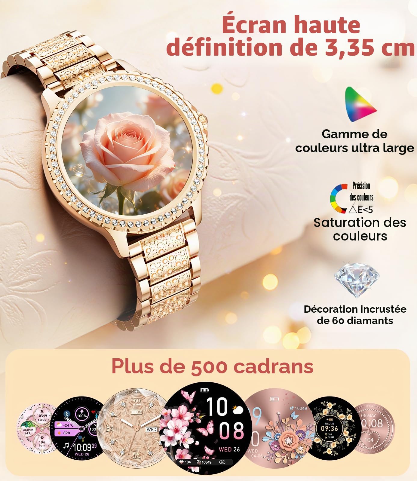 Élégante Montre Connectée Femme avec Diamant, 1.32" Smartwatch pour Android iOS, Cycle Menstruel/Sommeil/Fréquence Cardiaque, 500+ Cadrans, Appel Bluetooth, 2 Bracelets, Or Rose
