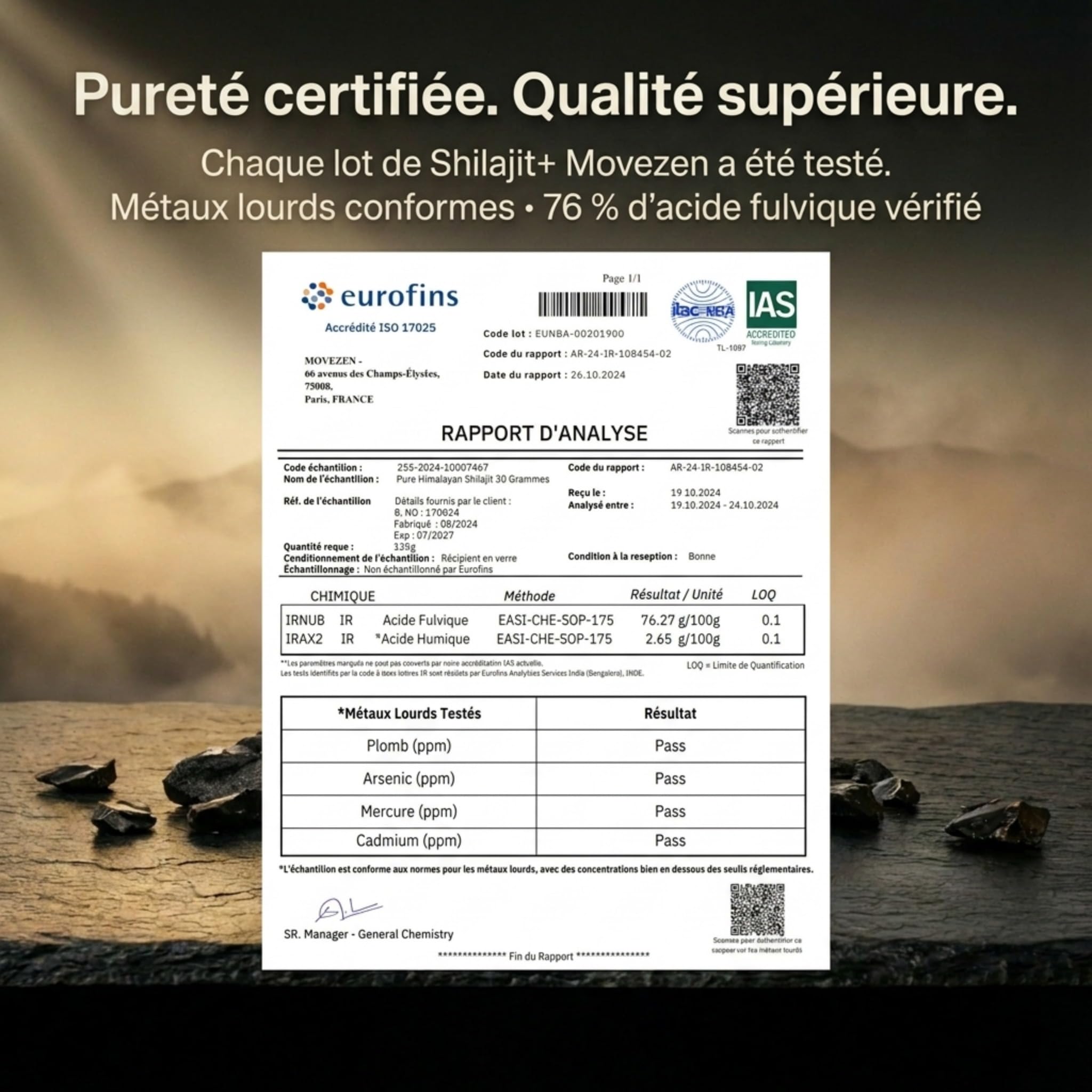 Shilajit+ Movezen, Résine de Shilajit Pure Naturelle 30 g, +75% Acide Fulvique, Himalaya 5000 m, 85 Minéraux & Oligo-Éléments, Analysé Eurofins France, Sans Additif, 600 mg, 50 Jours, Halal, Cuillère