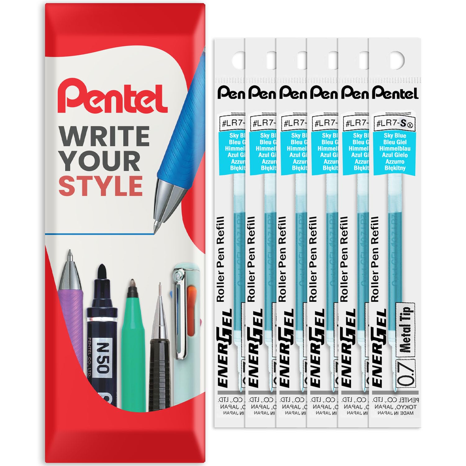 Pentel Energel 0.7mm Refill Metal Tip LR7 - BL77/BL57/BL37 Pen Refill - in Envelope Gift Packaging - Pack of 6 (Sky Blue)