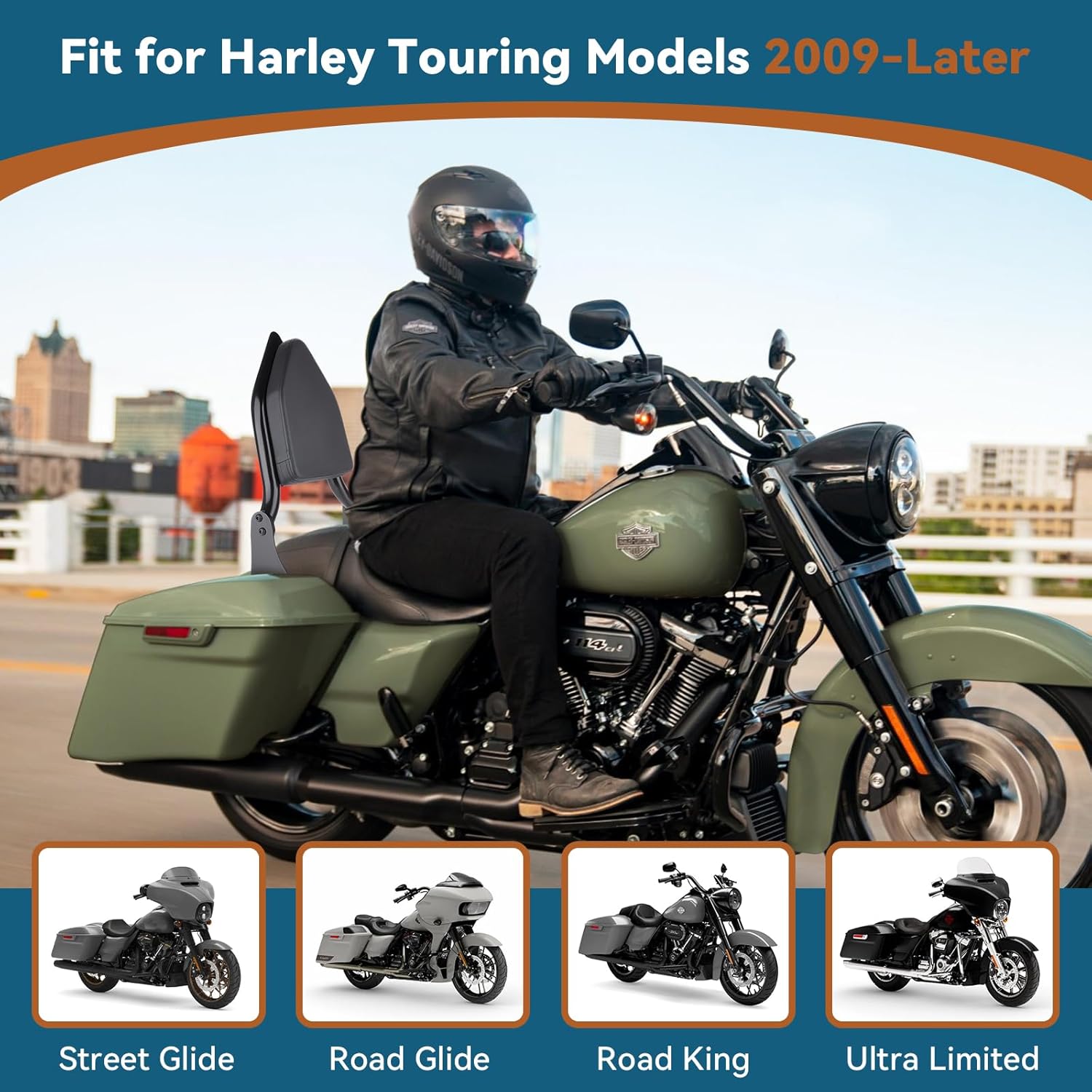 25'' Sissy Bar, Backrest Passenger with 4-Point Docking Hardware Kit, Detachable Back Pad Free Removable for Harley Davidson Touring Street Glide Electra Glide Road Glide Road King 2014-up