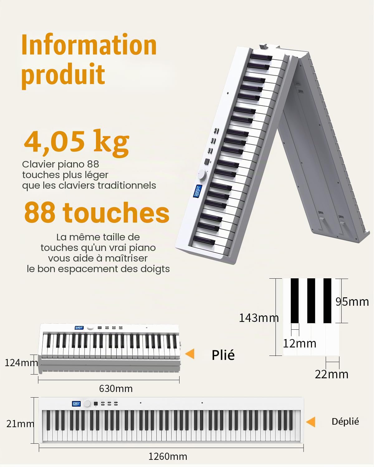 Piano pliable avec 88 touches avec écran LCD et boutons semi-lestés - Prise en charge MIDI Bluetooth - Clavier piano numérique avec sac de piano pour enfants - Cadeau d'anniversaire (blanc)