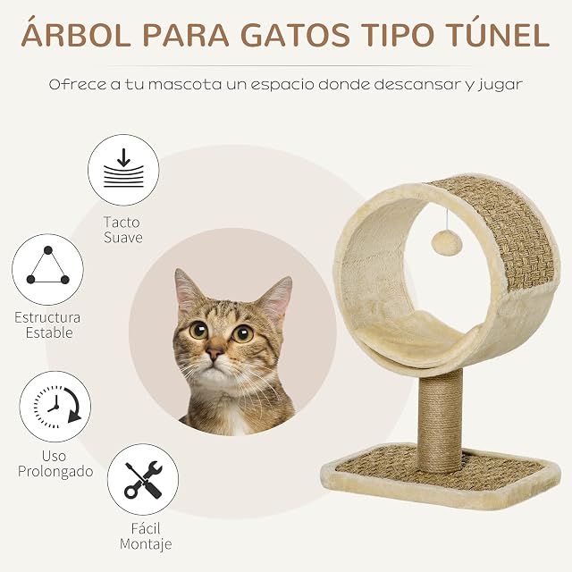 Foto 3 de 8 de PawHut Árbol para Gatos 40x30x56 cm Ø32cm Rascador de Gato con Túnel Superior Poste Rascador de Yute Natural…