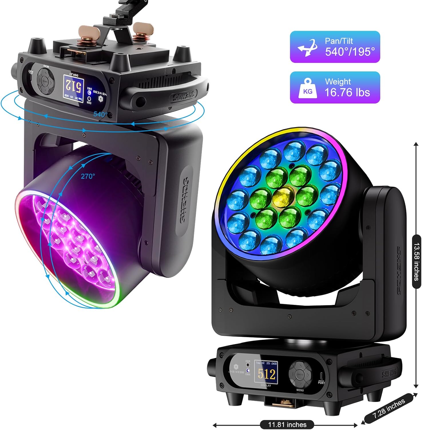 SHEHDS Moving Head Light LED 19x15W RGBW 4in1 B/Wash/Zoom Effect Stage Lights Professional DMX512 & Sound Activated Control DJ Lights for Party Wedding Disco and Nightclub - 1 Pack