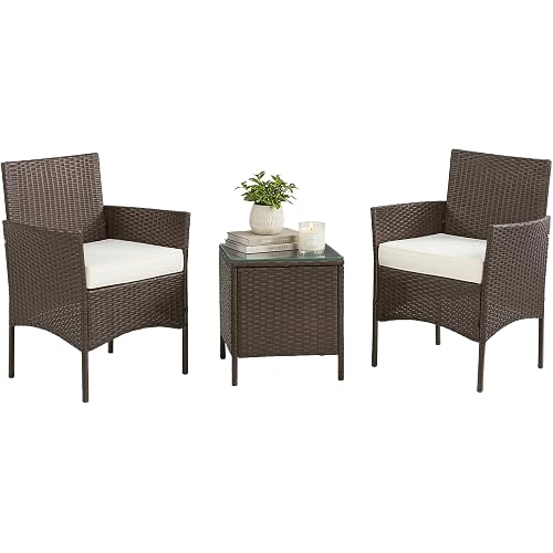 Outdoor Patio Furniture Set – 3-Piece Rattan Seating Combo with 2 Cushioned Chairs and Table for Deck or Front Porch Furniture by Lavish Home (Brown)