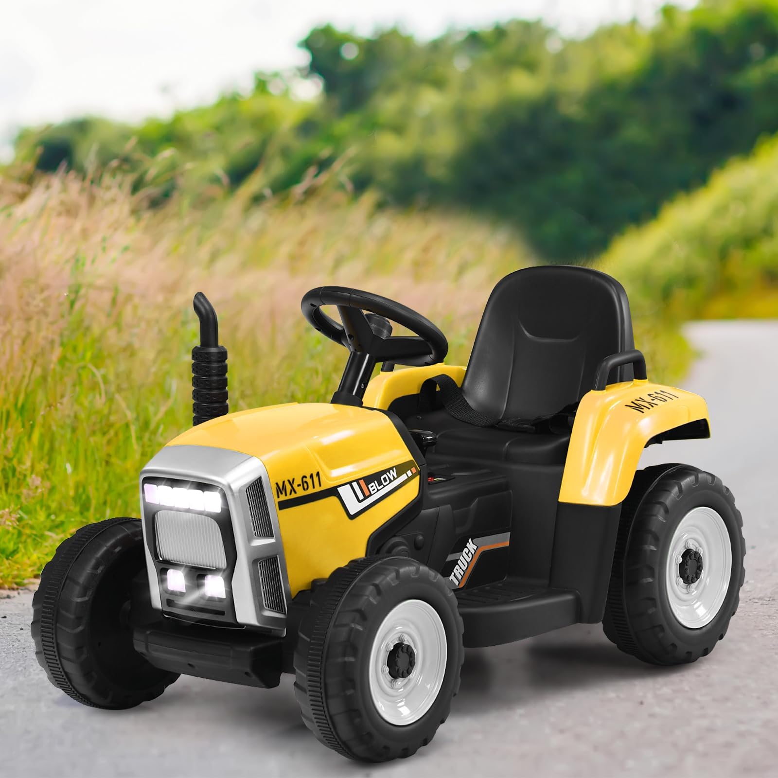 RELAX4LIFE Trattore Elettrico per Bambini 12V con Rimorchio Rimovibile, Telecomandato, 3 Velocità, Luce, Suoni, Musica, Clacson, USB,Portata 30 KG, 3 Anni+ (GIALLO)