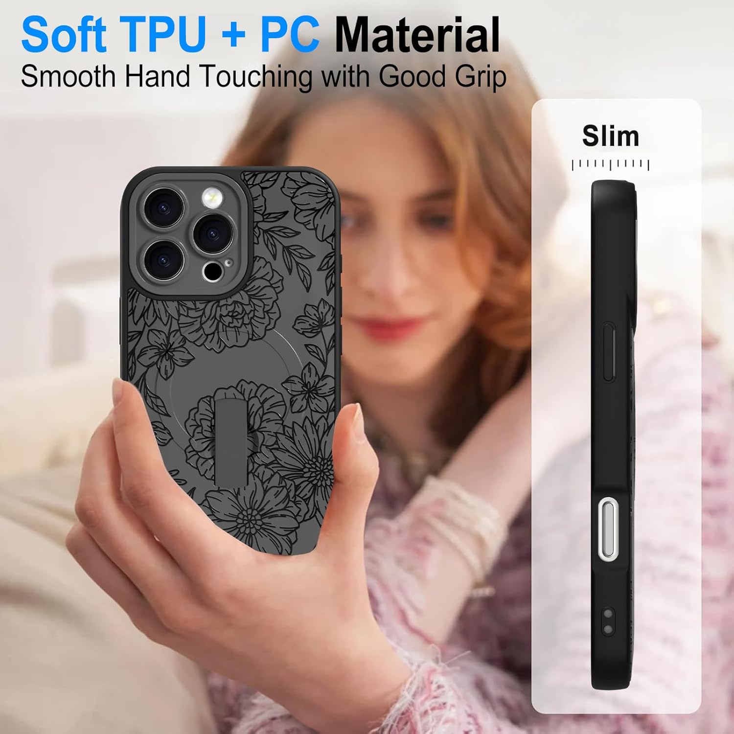 Designed for iPhone 16 Pro Max Black Line Peony Floral Pattern Case [Compatible with Magsafe] with Finger Strap Kickstand Shockproof Anti Drop Camera Protective for Girls Women