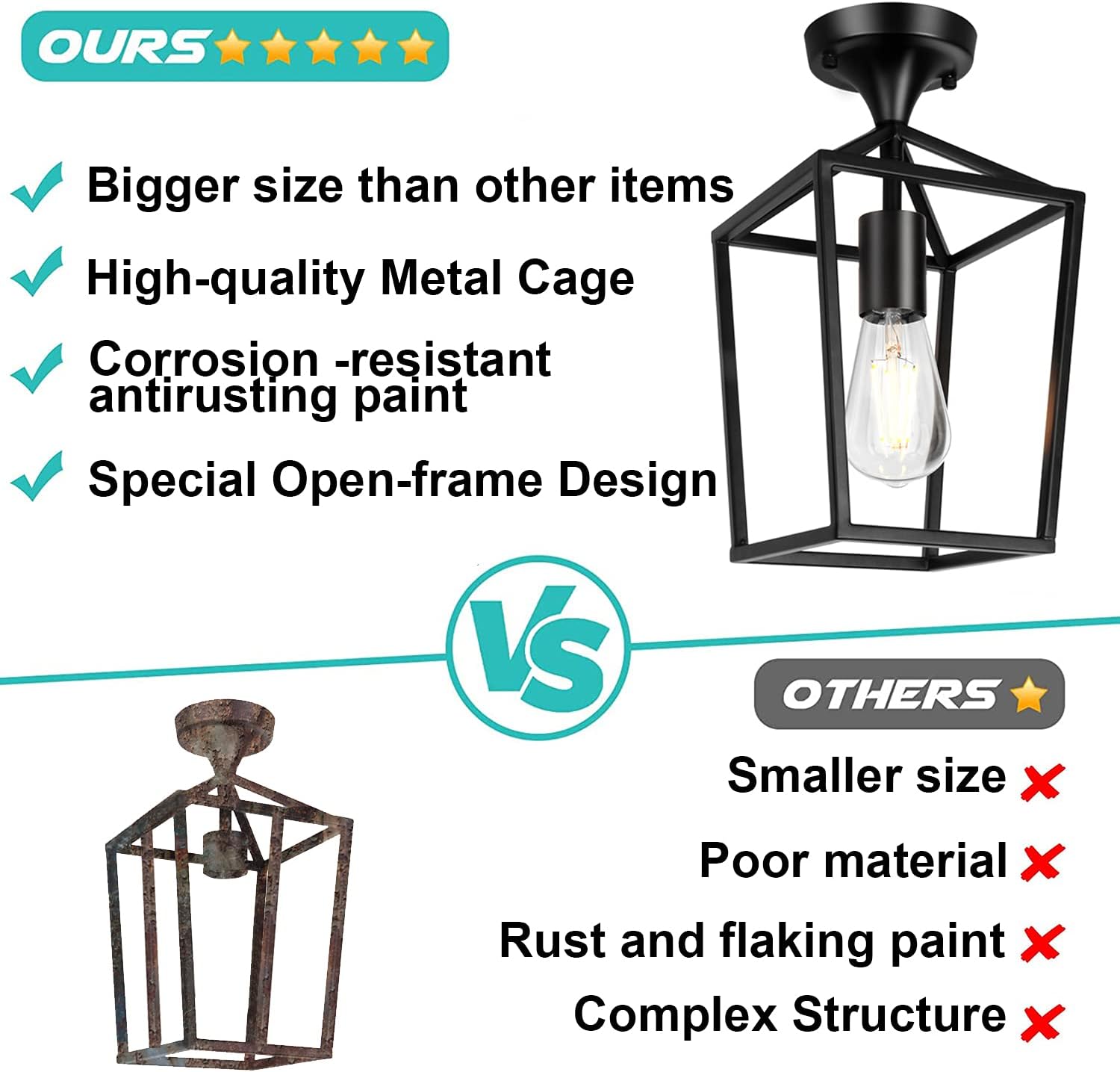 Semi Flush Mount Ceiling Light, Black Industrial Ceiling Light Fixtures, Farmhouse Light Fixture for Entryway Porch Hallway Stairway Garage Living Room Dining Room Balcony - - 